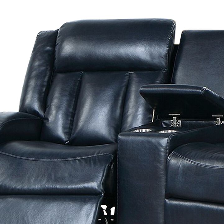 Max 5 Piece Manual Recliner Sectional Set, Vegan Faux Leather, Navy Blue-Benzara