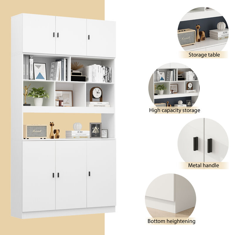 FUFU&GAGA Modern White Storage Shelf with Adjustable Shelves, P2 MDF, Glass Doors (47.2" W x 87.8" H x 12.2" D), White
