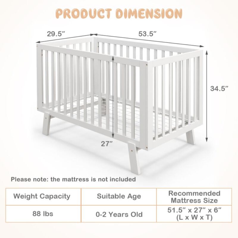 Hivvago Rubber Wood Baby Crib with Adjustable Mattress Heights and Guardrails-White