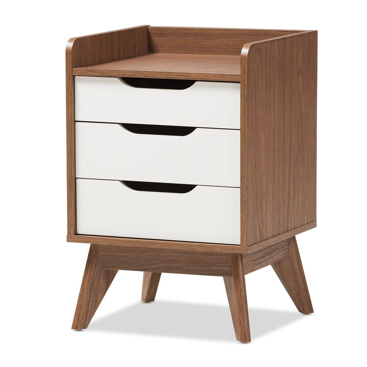 Baxton Studio Brighton Mid Century Modern White And Walnut Wood 3 Drawer Storage Nightstand