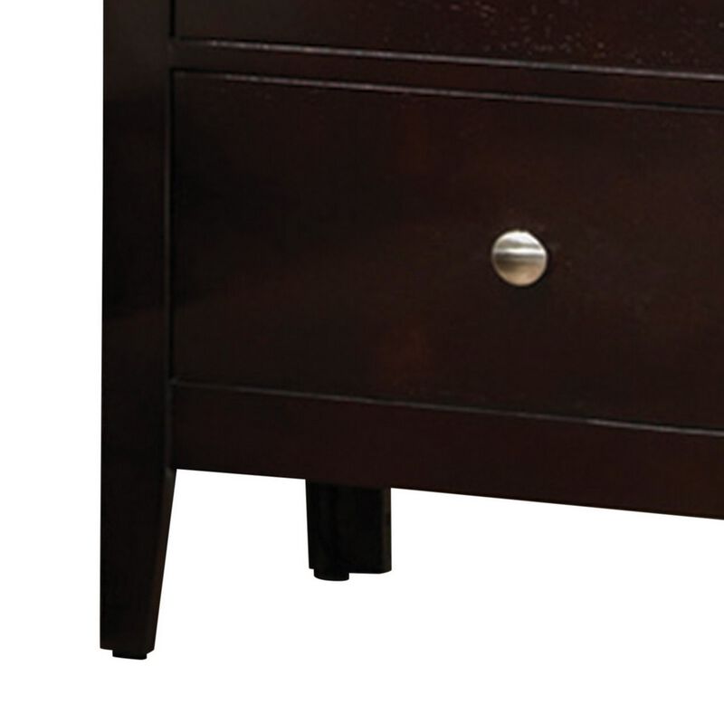 Con 26 Inch Modern 2 Drawer Nightstand, Silver Knobs, Cappuccino Brown-Benzara