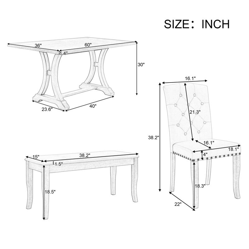 6-Piece Farmhouse Dining Table Set, Rectangular Trestle Table And 4 Upholstered Chairs & Bench