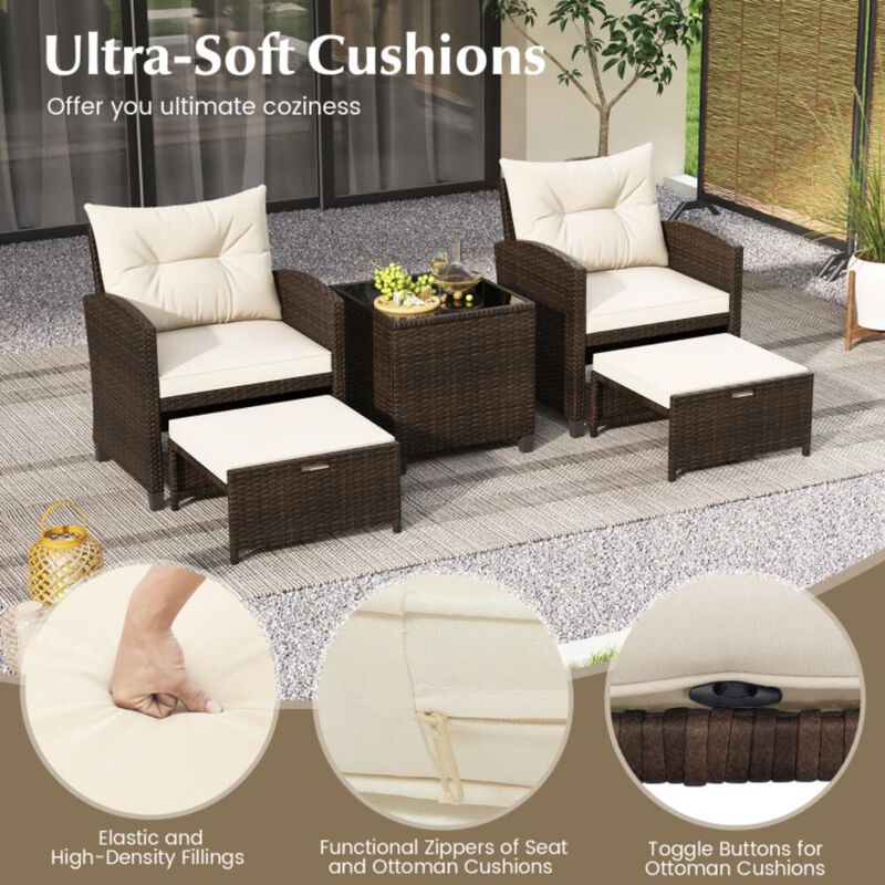 Hivvago 5 Pieces Patio Rattan Furniture with 2 Ottomans and Tempered Glass Coffee Table