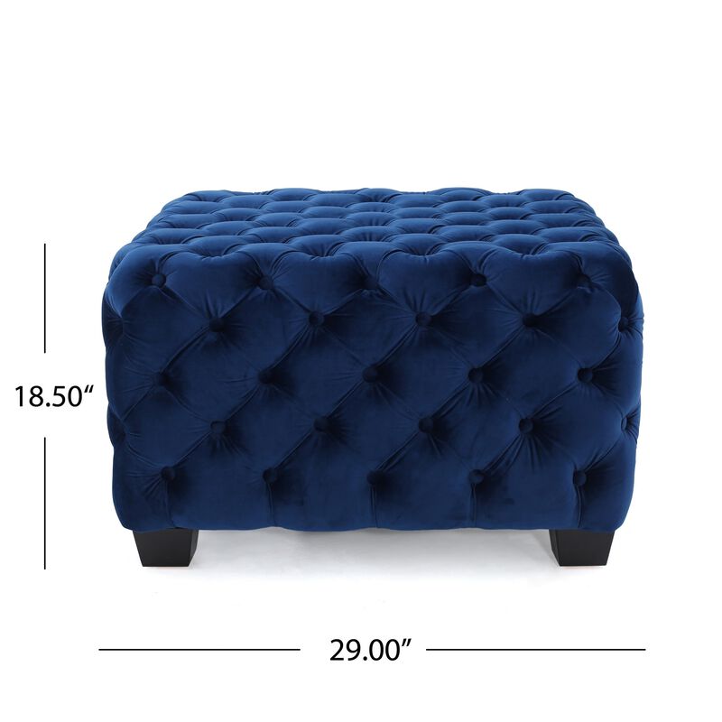 Ottoman, Modern Button Tufted, Navy Blue Velvet, 29 Inch Square Shape -Benzara