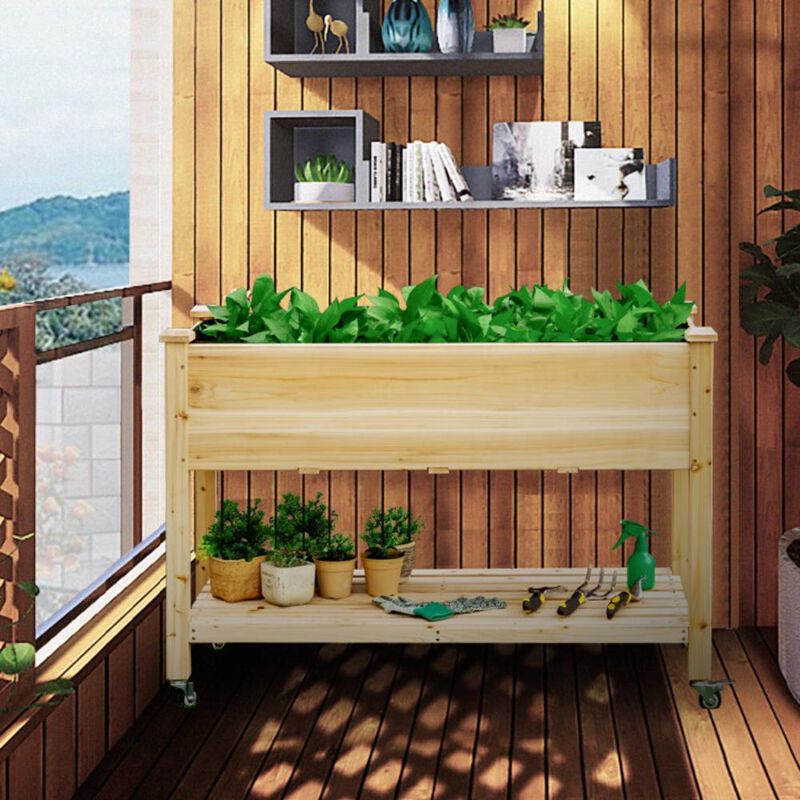 Hivvago Wood Elevated Planter Bed with Lockable Wheels Shelf and Liner