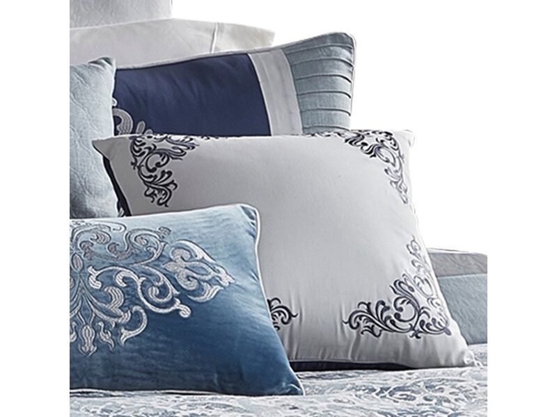 9 Piece Queen Polyester Comforter Set with Damask Prints, Blue and Gray - Benzara