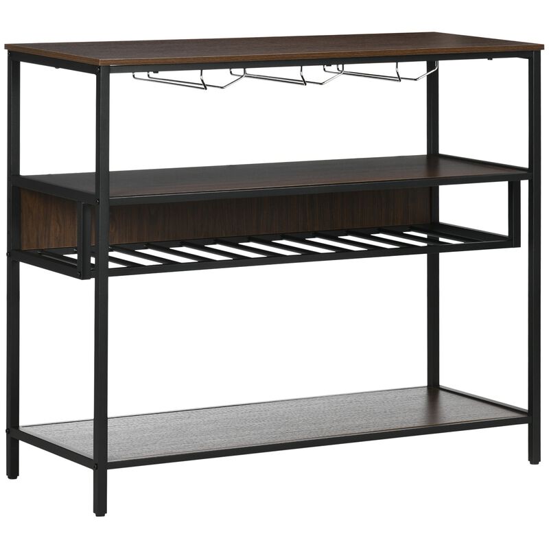 Dark Brown Wine Storage: Industrial 11-Bottle Rack with Glass Shelf