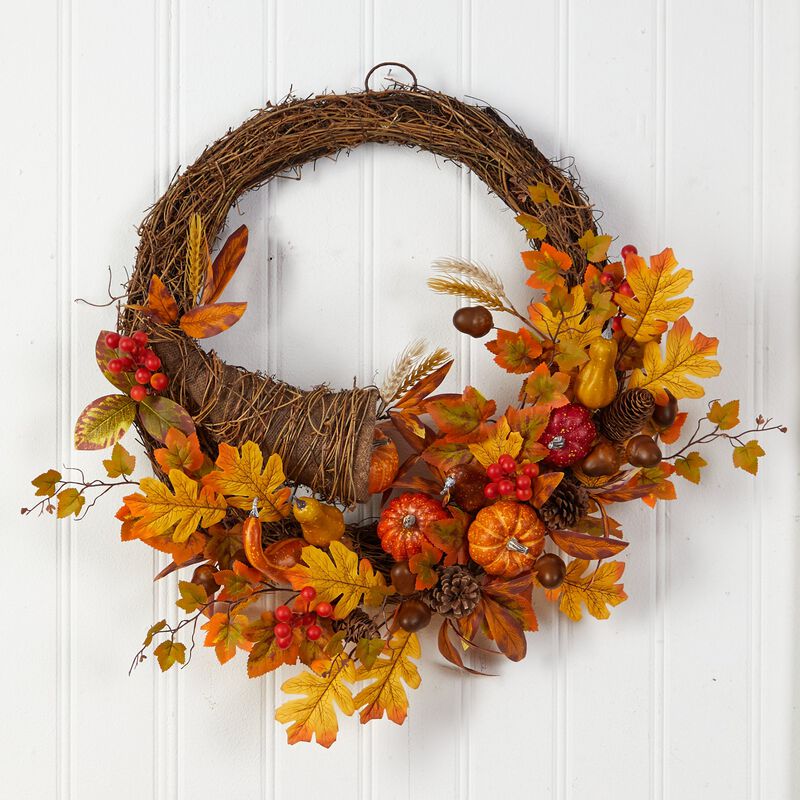 Hivvago 26" Autumn Artificial Cornucopia Fall Wreath