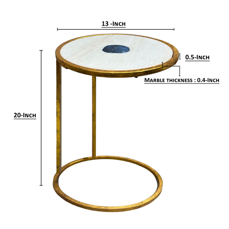 20 Inch Round Side End Table, White Marble Top with Blue Agate Stone Inlay, Gold Foil Finish Iron Frame - Benzara