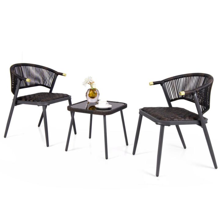 Hivvago 3 Pieces Patio Rattan Furniture Set with Tempered Glass Tabletop for Backyard Poolside