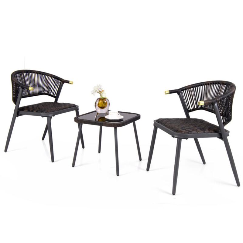 Hivvago 3 Pieces Patio Rattan Furniture Set with Tempered Glass Tabletop for Backyard Poolside