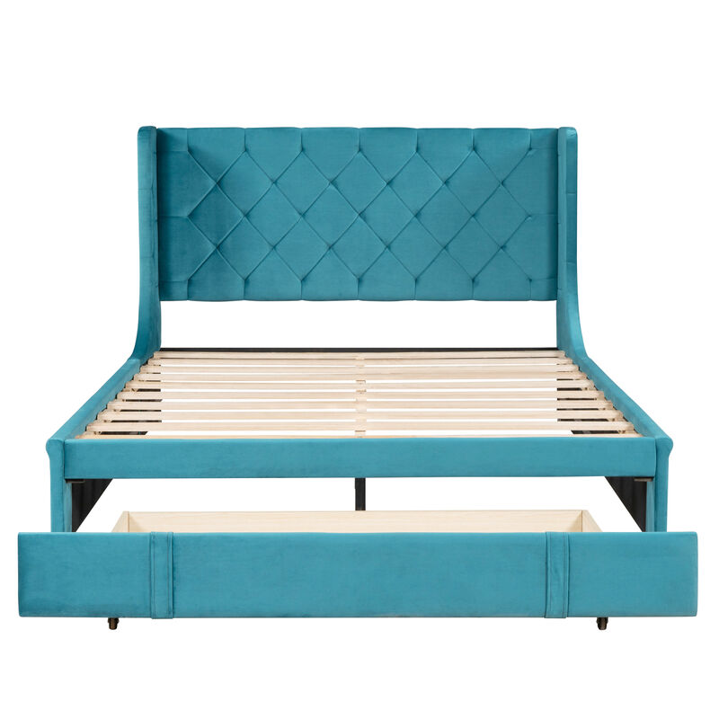 Streamdale Queen Velvet Storage Bed with Wingback Headboard, Drawer