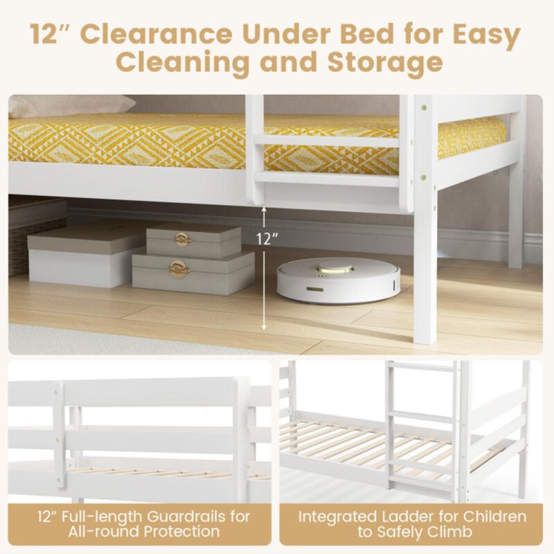 Hivvago Solid Wood Twin Over Twin Bunk Bed Frame with High Guardrails and Integrated Ladder