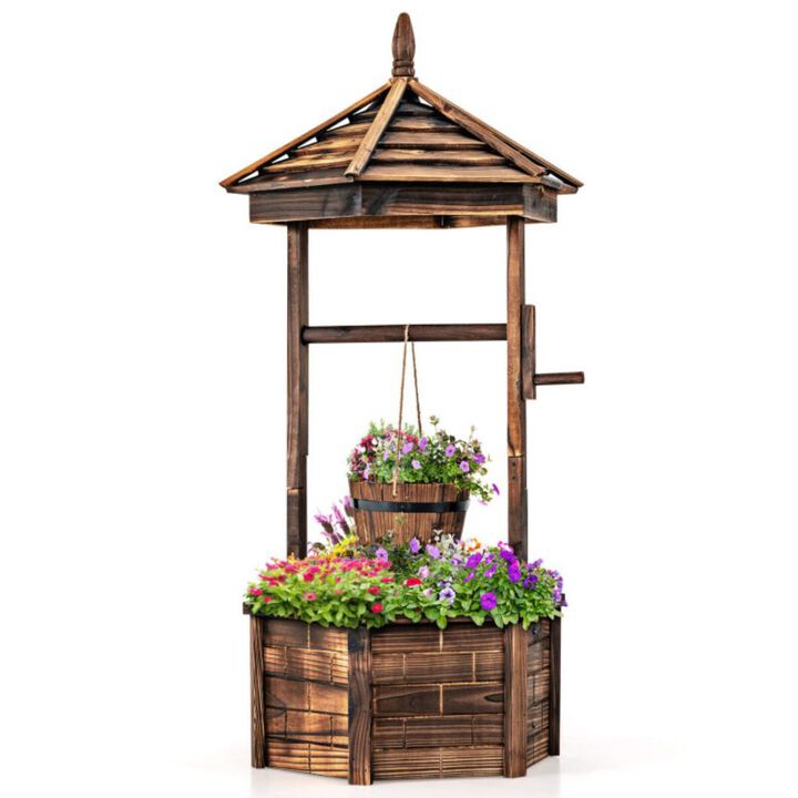 Hivvago Rustic Wooden Wishing Well with Adjustable Hanging Bucket-Brown