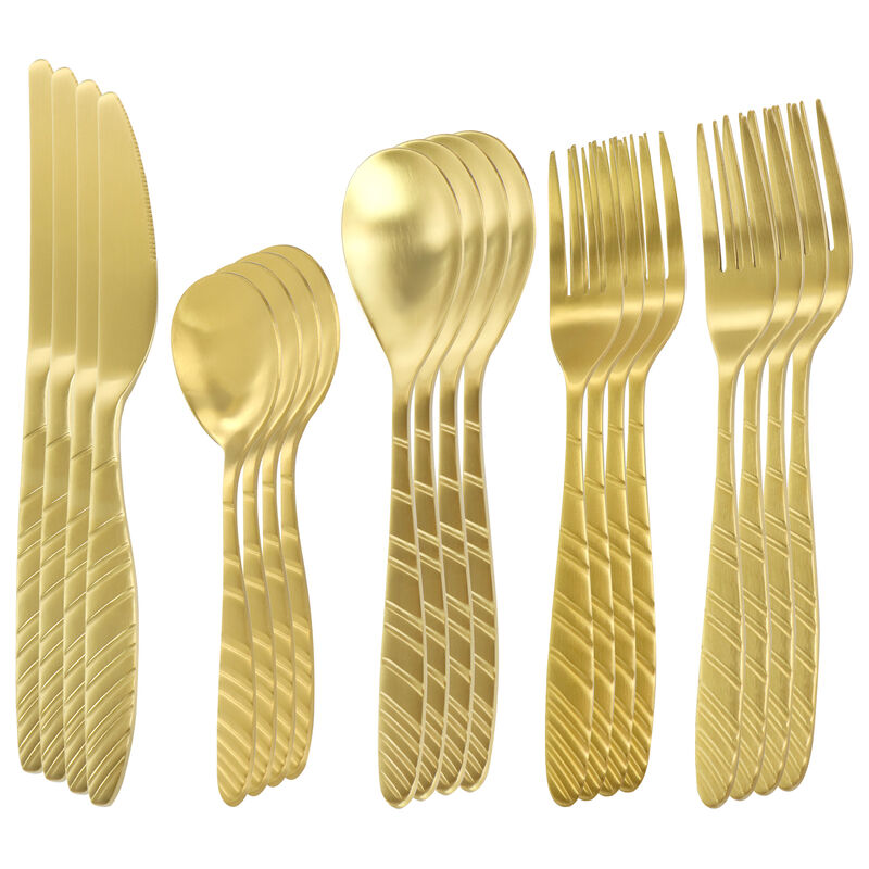 Megachef La Vague 20 Piece Flatware Utensil Set, Stainless Steel Silverware Metal Service for 4 in Matte Gold