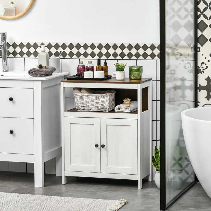 White/Walnut Bathroom Storage: Freestanding Cabinet with Open Shelf