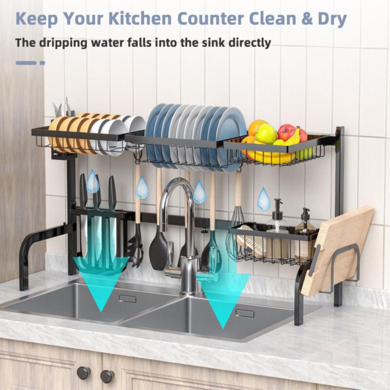 Hivvago 2 Tier Adjustable Over Sink Dish Drying Rack with 8 Hooks