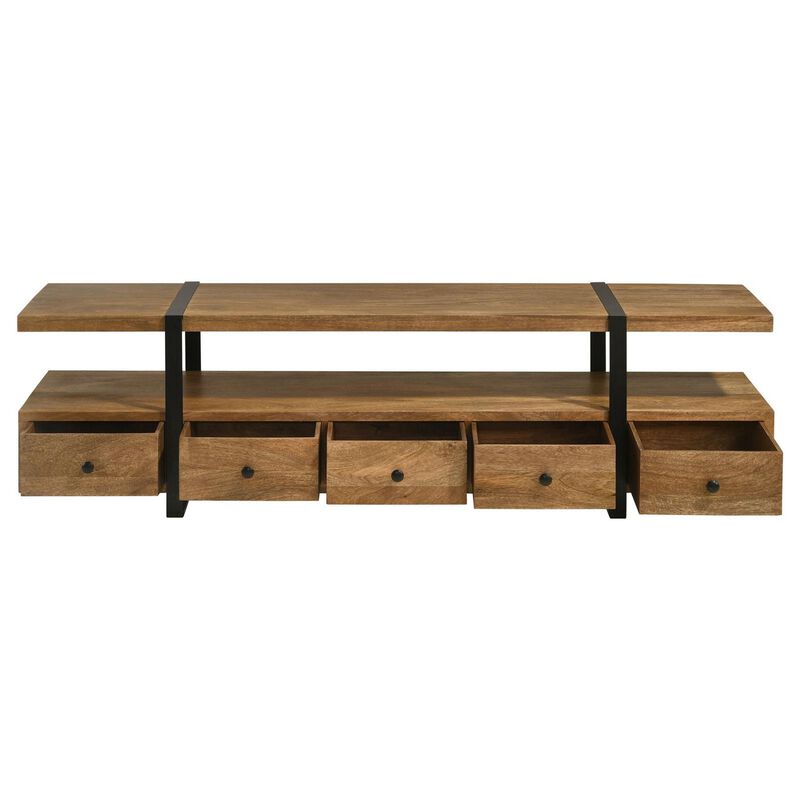 70 Inch TV Media Entertainment Console with 4 Drawers, Mango Wood, Brown - Benzara