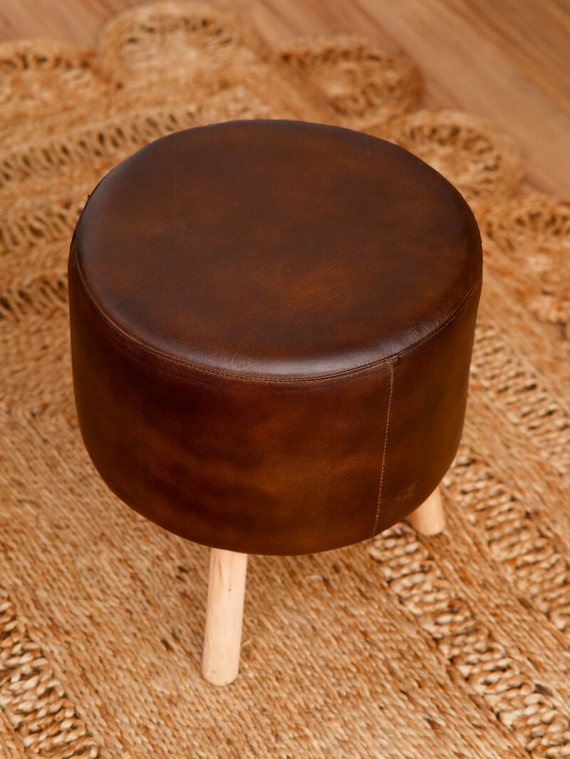 Handmade Eco-Friendly Geometric Buffalo Leather & Wood Black Round Ottomon Stool 14"x14"x14" From BBH Homes