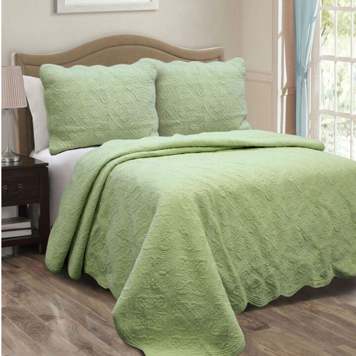 Hivvago Full Queen Green Cotton Quilt Bedspread with Scalloped Borders