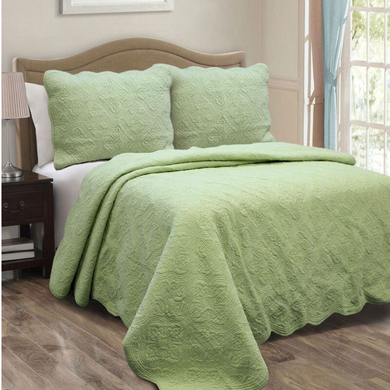 Hivvago Full Queen Green Cotton Quilt Bedspread with Scalloped Borders