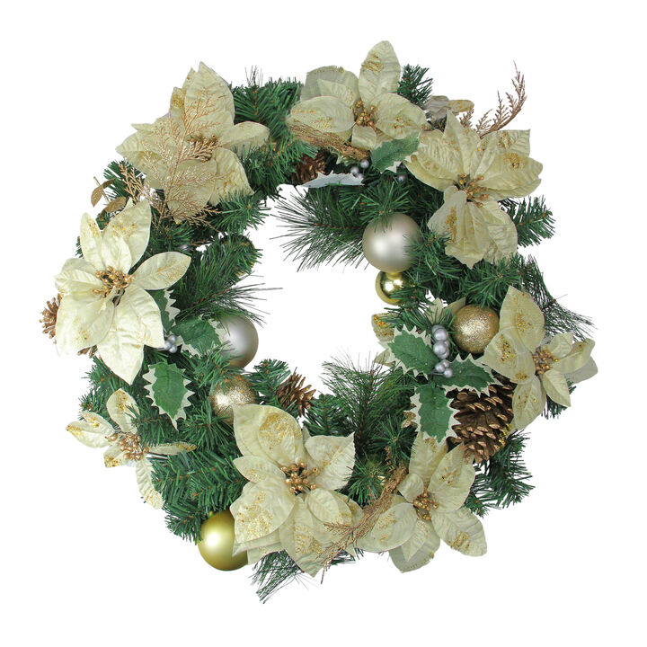 White Poinsettia and Pine Cone Artificial Christmas Wreath - 24-Inch  Unlit