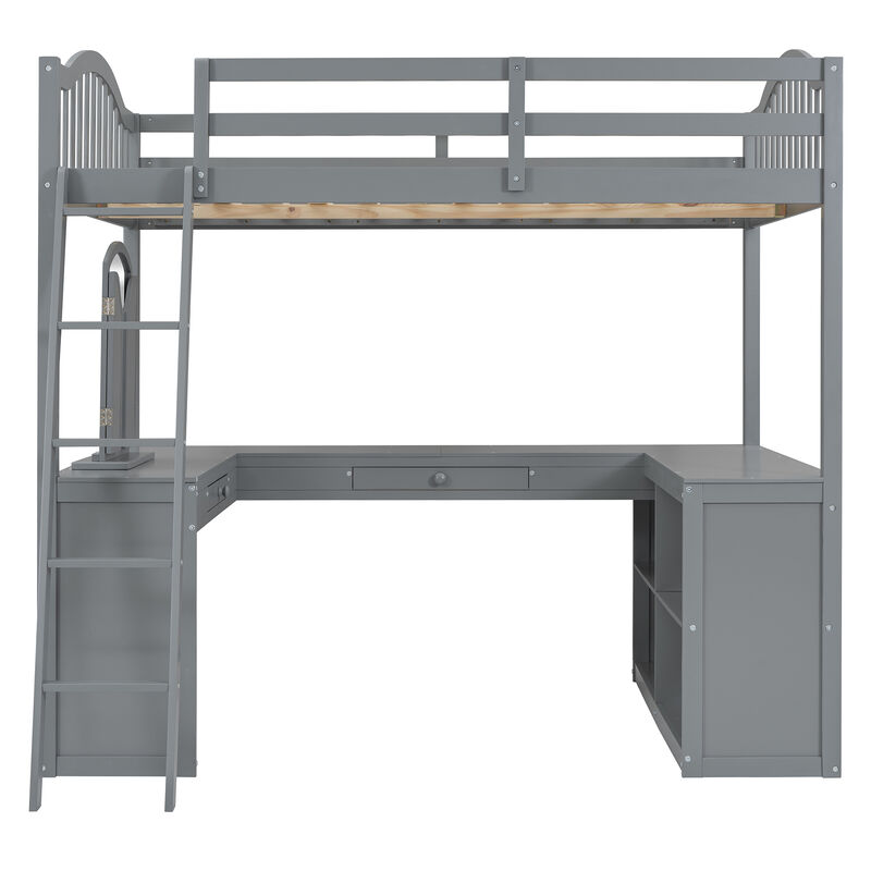Merax Loft Bed with U-shaped Desk and Tri-fold Mirror