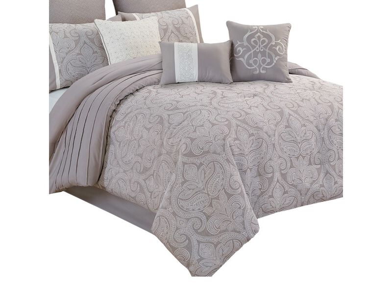 King Size 10 Piece Fabric Comforter Set with Medallion Prints, White - Benzara