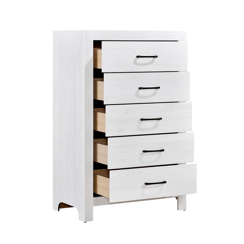 Eby 48 Inch Tall Dresser Chest, 5 Drawers with Black Nickel Handles, White - Benzara