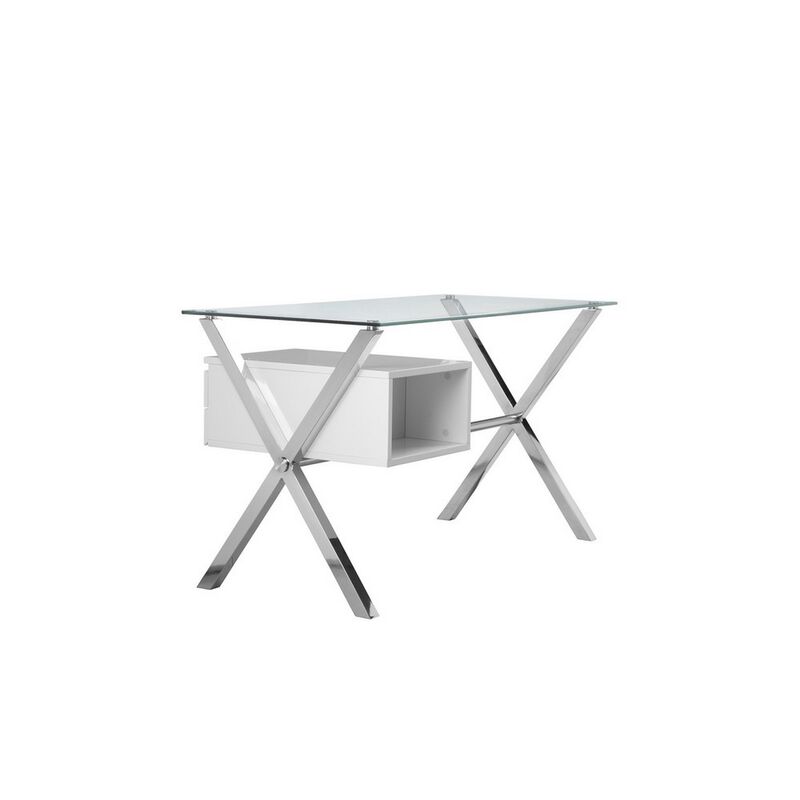 Tia 51 Inch Small Office Desk, Glass Tempered Top, 2 Drawers, White Finish - Benzara