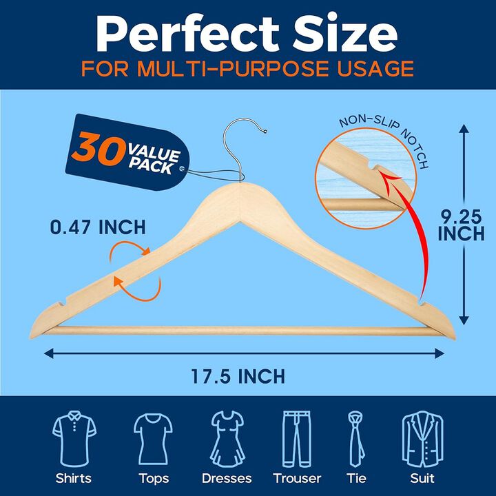 Wooden Clothes Hangers - 30 Pack, Durable, Non-Slip, Space-Saving Hangers for Dresses, Coats, and More, Holds Up to 10 lbs with 360° Swivel Hook, Natural Finish