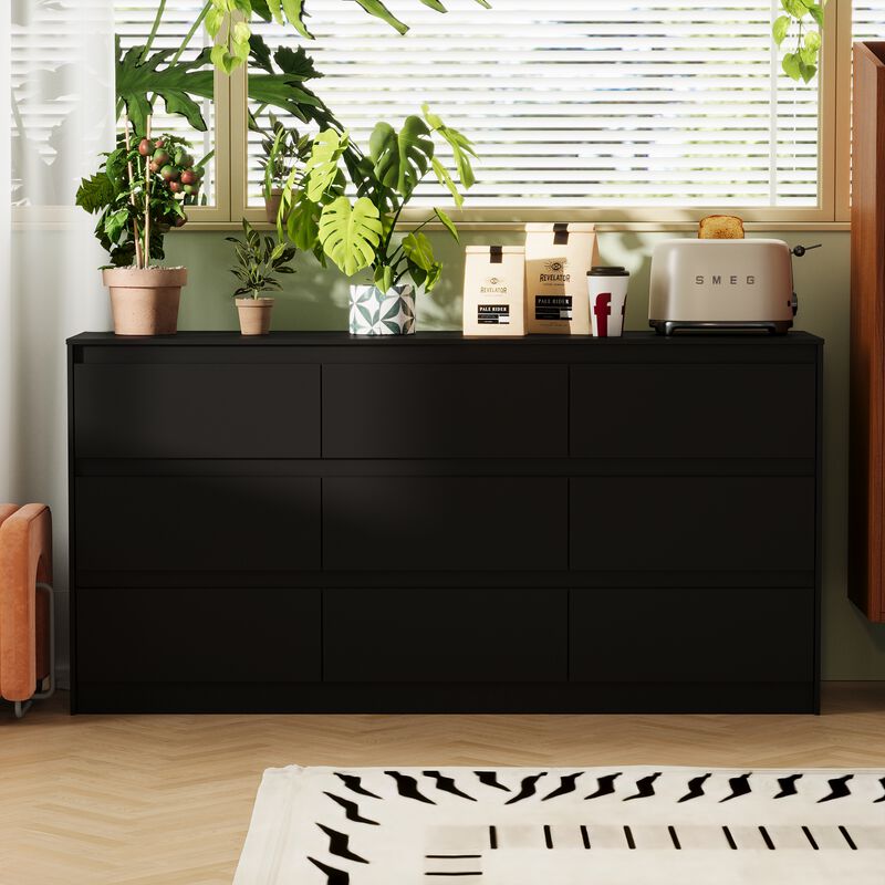 FUFU&GAGA  Modern Black 9-Drawer Dresser with Ample Storage for Bedroom and Living Room (63" W x 31.5" H x 15.7" D) Black