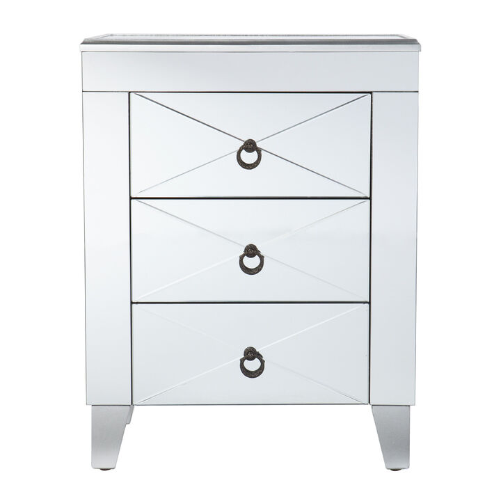 26"" Silver Manufactured Wood And Iron Rectangular Mirrored End Table With Three Drawers And