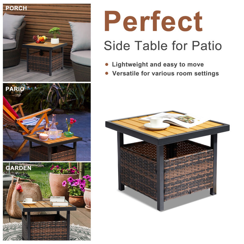 Outdoor Wicker Side Table with Umbrella Hole and Storage Shelf
