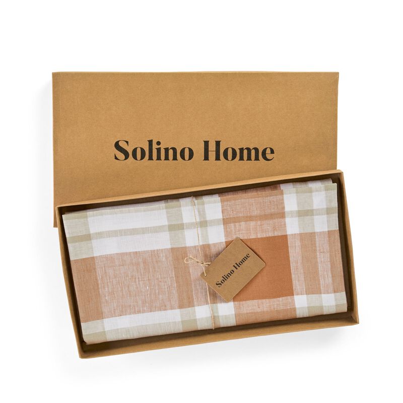 Solino Home 100% Pure Linen Fall Harvest Plaid Table Throw 50 x 50 Inch