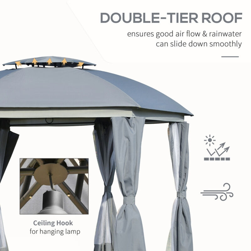 Round Outdoor Gazebo with Double Roof, Patio Dome Canopy Shelter with Netting Sidewalls and Zippered Doors
