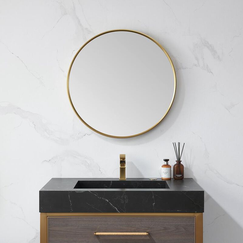 Vinnova Design Cascante 28 in. W x 28 in. H Round Metal Wall Mirror in Brushed Gold