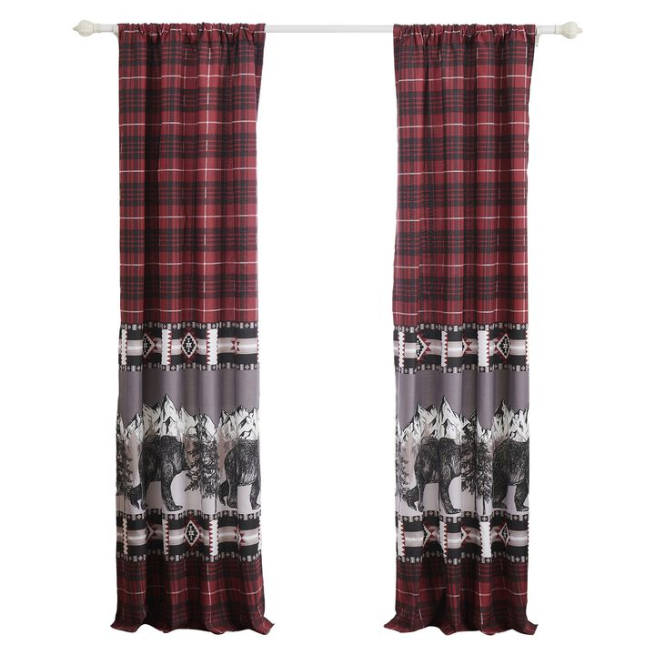 Sofia 84 Inch Bear Panel Curtains, Poly Microfiber, Red and Black Plaid - Benzara