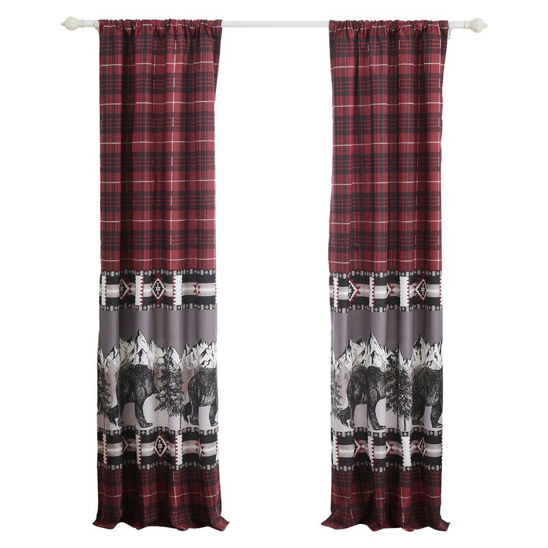 Sofia 84 Inch Bear Panel Curtains, Poly Microfiber, Red and Black Plaid - Benzara