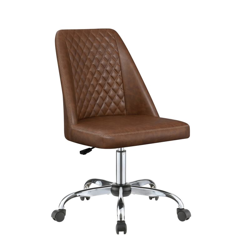 Leatherette Office Chair with Sloped Back and Diamond Stitching, Brown-Benzara