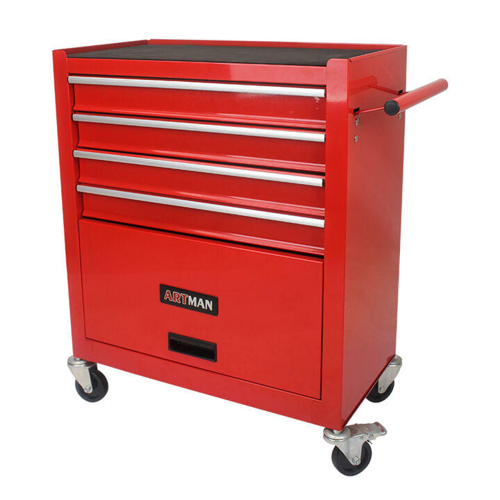 4 Drawers Multifunctional Red Tool Cart With Wheels