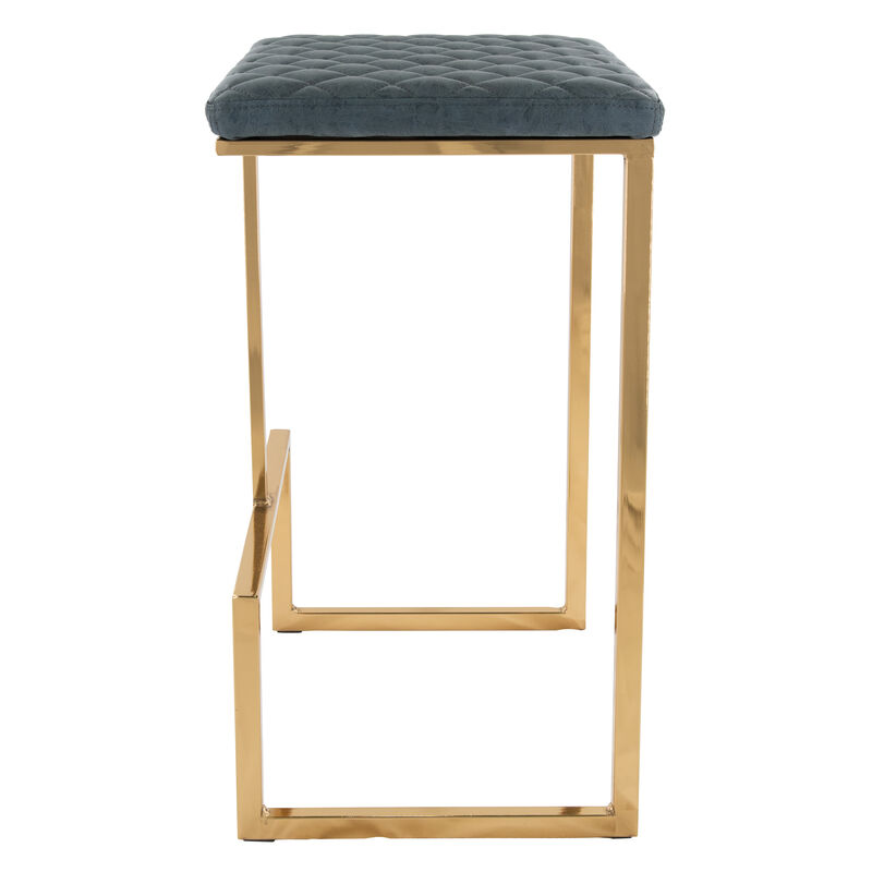 LeisureMod Quincy Stitched Leather Gold Metal Bar Stools in Olive Green