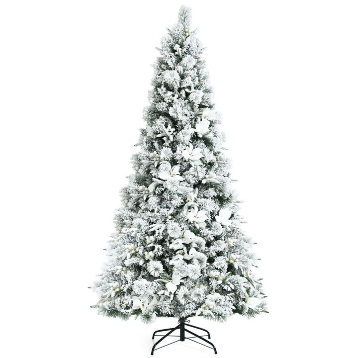Snow Flocked Christmas Tree with Poinsettia Flowers