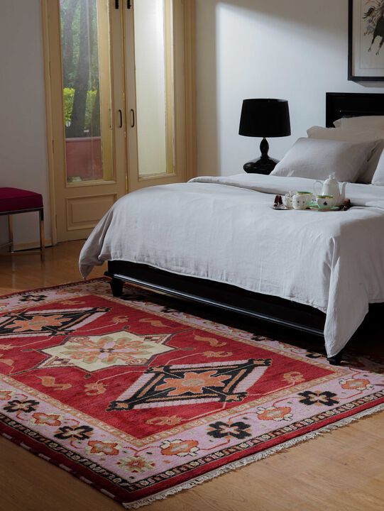 RUGSOTIC CARPETS HAND KNOTTED WOOL & SILK ECO-FRIENDLY ORIENTAL AREA RUGS  - 9'x12', Rectangle Shape, Red Beige Color, Classic Oriental Traditional , Low Pile Handmade Area Rugs (AF0103)