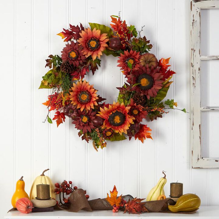 Hivvago 24" Autumn Sunflower, Pumpkin, Pinecone and Berries Fall Artificial Wreath