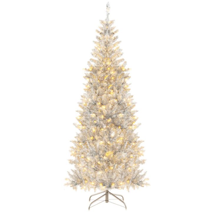 Hivvago 6/7 FT Pre-Lit Artificial Silver Tinsel Xmas Tree with 790 Branch Tips and 300 LED Lights