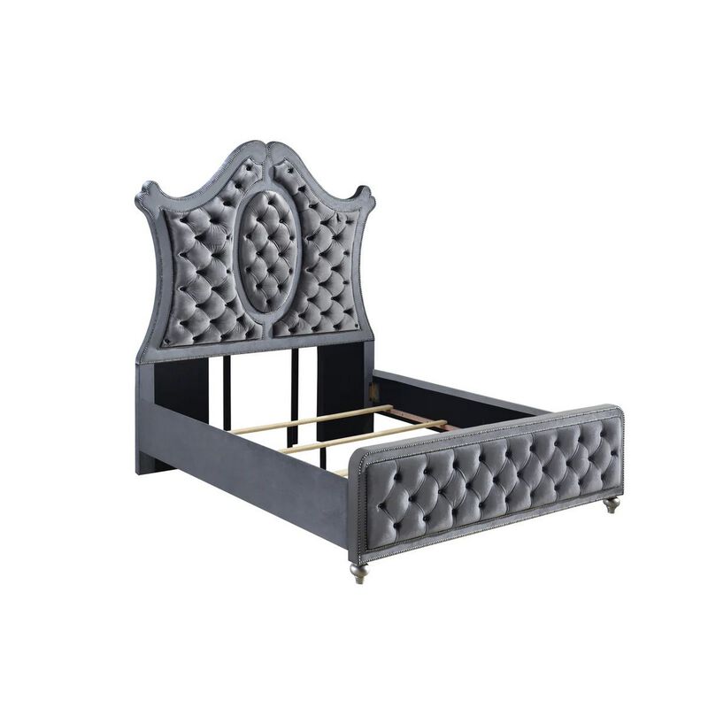 Rall Queen Size Bed, Curved Wood Headboard, Tufted Gray Fabric Upholstery - Benzara