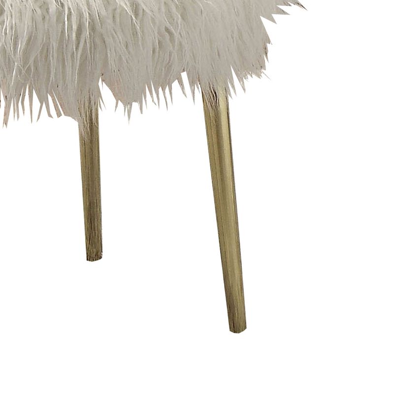 Faux Fur Upholstered Contemporary Metal Ottoman, White and Gold-Benzara