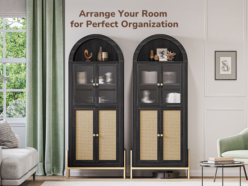 BELLEZE Modern Arched Kitchen Pantry, 5-Tier Wood Decorative Storage Cabinet with Reeded Glass Door and Adjustable Shelves, Freestanding Accent Display Cabinet for Home Living Room, Black