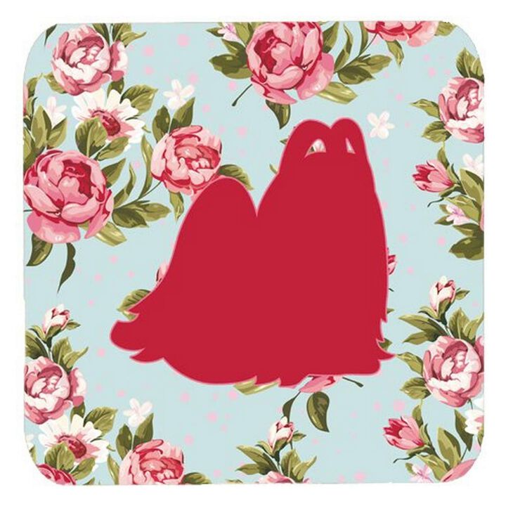 Caroline's Treasures BB1079-RS-BU-FC Maltese Shabby Chic Blue Roses Foam Coasters (Set of 4), 3.5 H x 3.5 W, Multicolor
